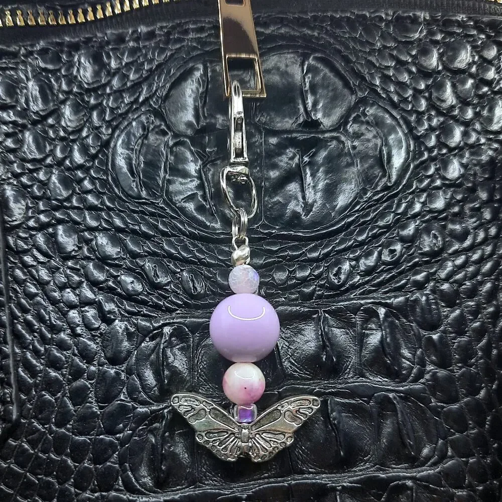 Handmade Beaded Butterfly Bag Charm Tibetan Silver Light Purple Keychain NEW